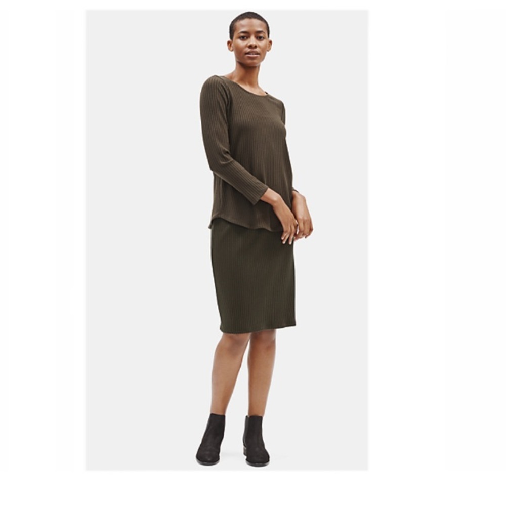 Eileen Fisher ribbed olive green skirt top size small